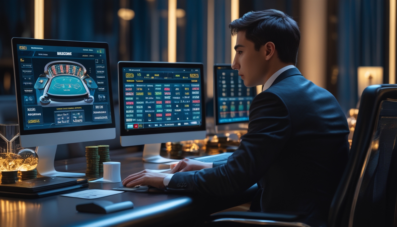 Seorang pemain profesional baccarat online sedang duduk di meja dengan perangkat digital dan kartu bermain, fokus pada permainan dan taruhan.
