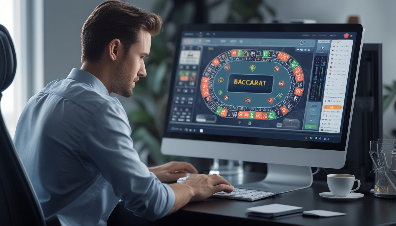 Seorang pemain fokus menggunakan komputer untuk bermain baccarat online di ruang kerja yang rapi dan terang.