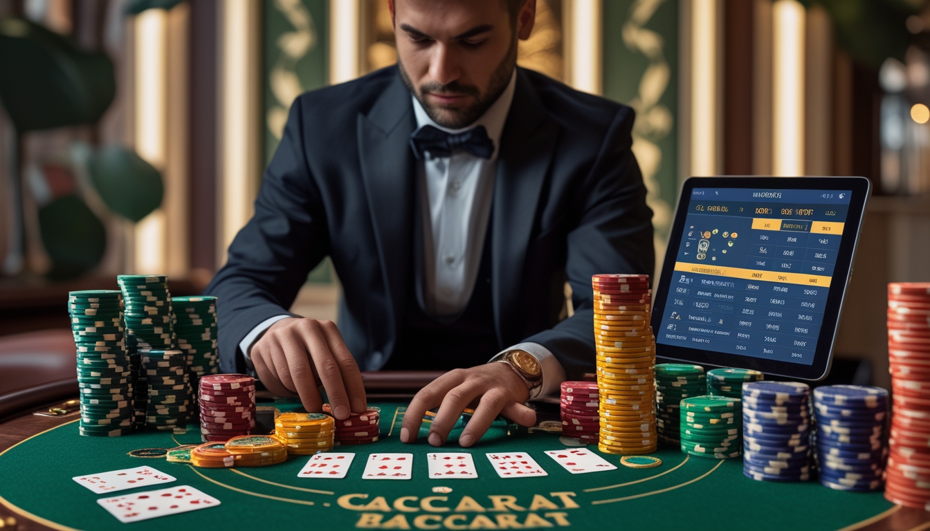 Seorang pemain profesional sedang menganalisis kartu dan chip baccarat di meja kasino dengan suasana elegan.