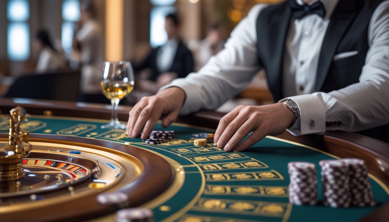 Seorang pemain profesional sedang memasang taruhan di meja baccarat di dalam kasino mewah.