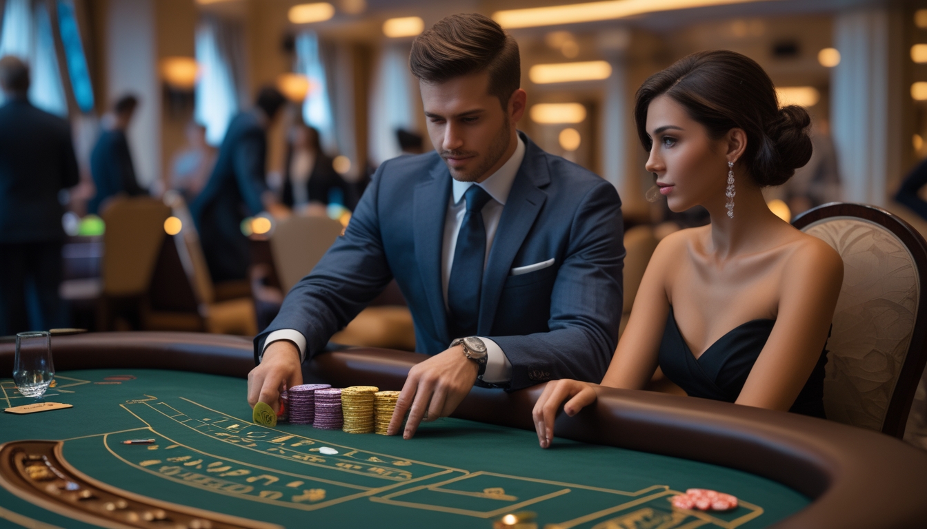 Seorang pria dan wanita berpakaian rapi duduk di meja baccarat di kasino, fokus pada permainan dan meletakkan chip taruhan.