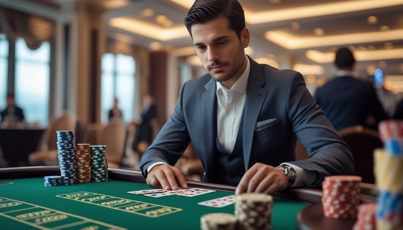 Seorang pria berpakaian rapi duduk di meja baccarat di kasino, fokus mempelajari kartu dan tumpukan chip taruhan.