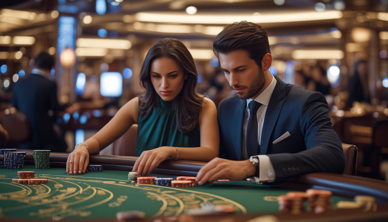 Seorang pria dan wanita berpakaian rapi sedang fokus bermain baccarat di meja kasino yang mewah dengan chip dan kartu tertata rapi.