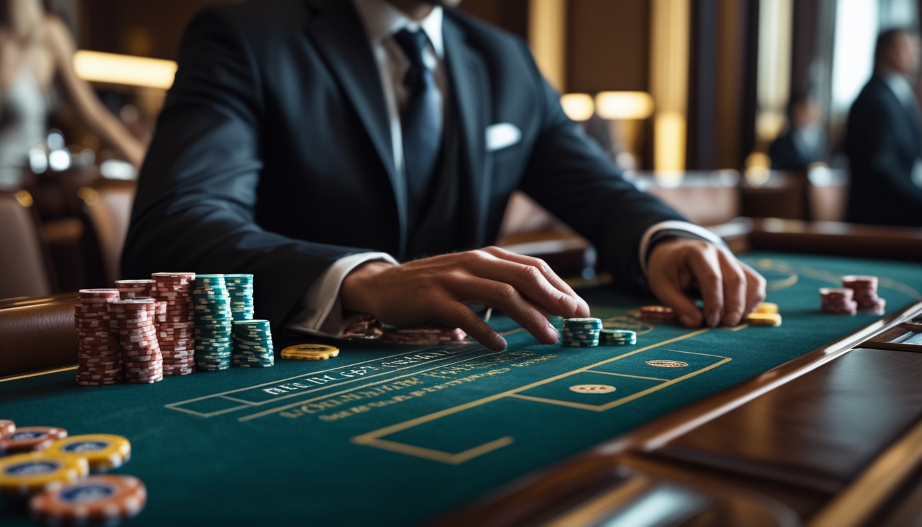 Seorang pemain profesional sedang duduk di meja baccarat di kasino dengan kartu dan chip taruhan, fokus pada permainannya.