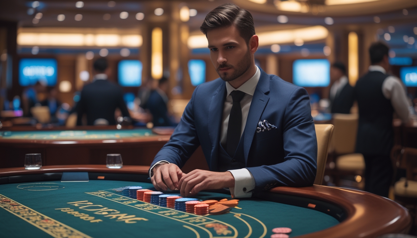 Seorang pemain pria yang fokus duduk di meja baccarat di dalam kasino mewah dengan chip dan kartu tertata rapi.