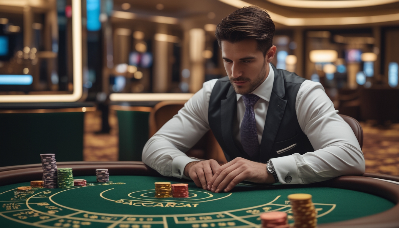 Seorang pria berpakaian rapi duduk di meja Baccarat, menaruh chip taruhan dengan fokus di dalam kasino.