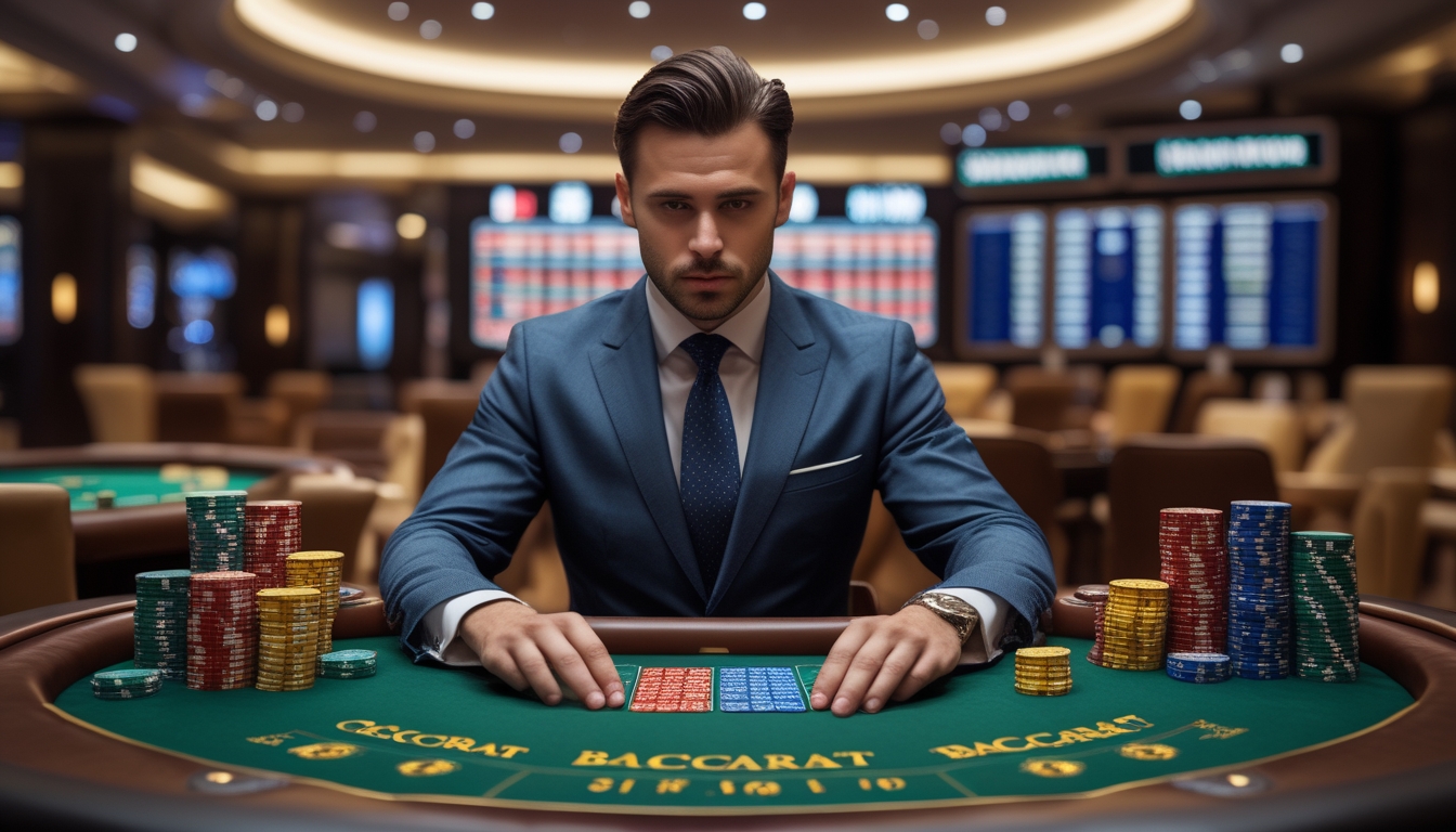 Seorang pemain profesional sedang duduk di meja baccarat kasino dengan kartu dan chip taruhan, fokus menganalisis permainan.