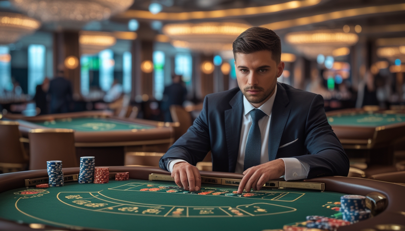 Seorang pemain profesional sedang duduk di meja Baccarat dengan kartu dan chip taruhan di kasino mewah.