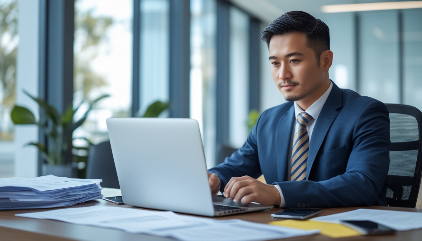 Seorang pria Asia Tenggara berpakaian rapi duduk di meja kantor modern sambil meninjau dokumen dan menggunakan laptop.