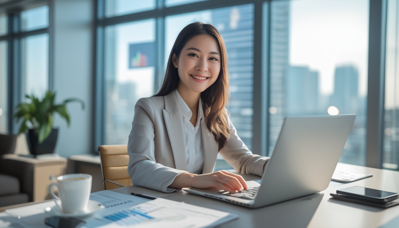 Seorang wanita muda duduk di meja kantor dengan laptop, tersenyum dan bekerja dengan suasana profesional.