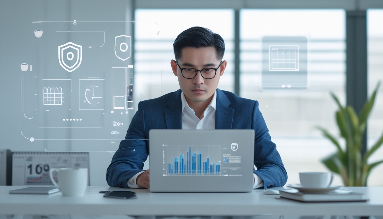 Seorang pria Asia Tenggara duduk di meja kantor modern sambil melihat layar laptop dengan ekspresi fokus, dikelilingi oleh simbol keamanan digital dan suasana kerja yang profesional.