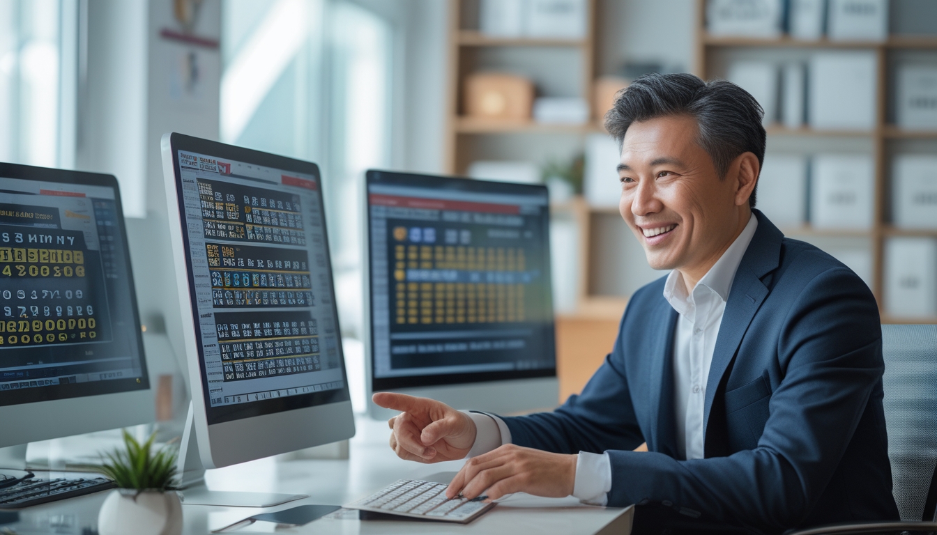 Seorang agen togel profesional sedang berbicara dengan klien di kantor modern yang terang dan rapi.