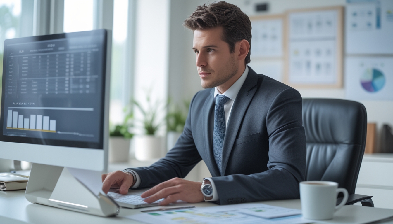 Seorang profesional sedang duduk di meja kantor modern sambil meninjau dokumen dan data di laptop dengan ekspresi fokus.