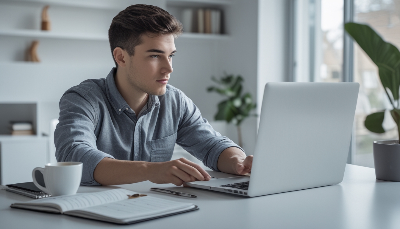 Seorang pria muda sedang duduk di meja dengan laptop terbuka, fokus belajar peraturan online di ruang kerja yang terang dan rapi.