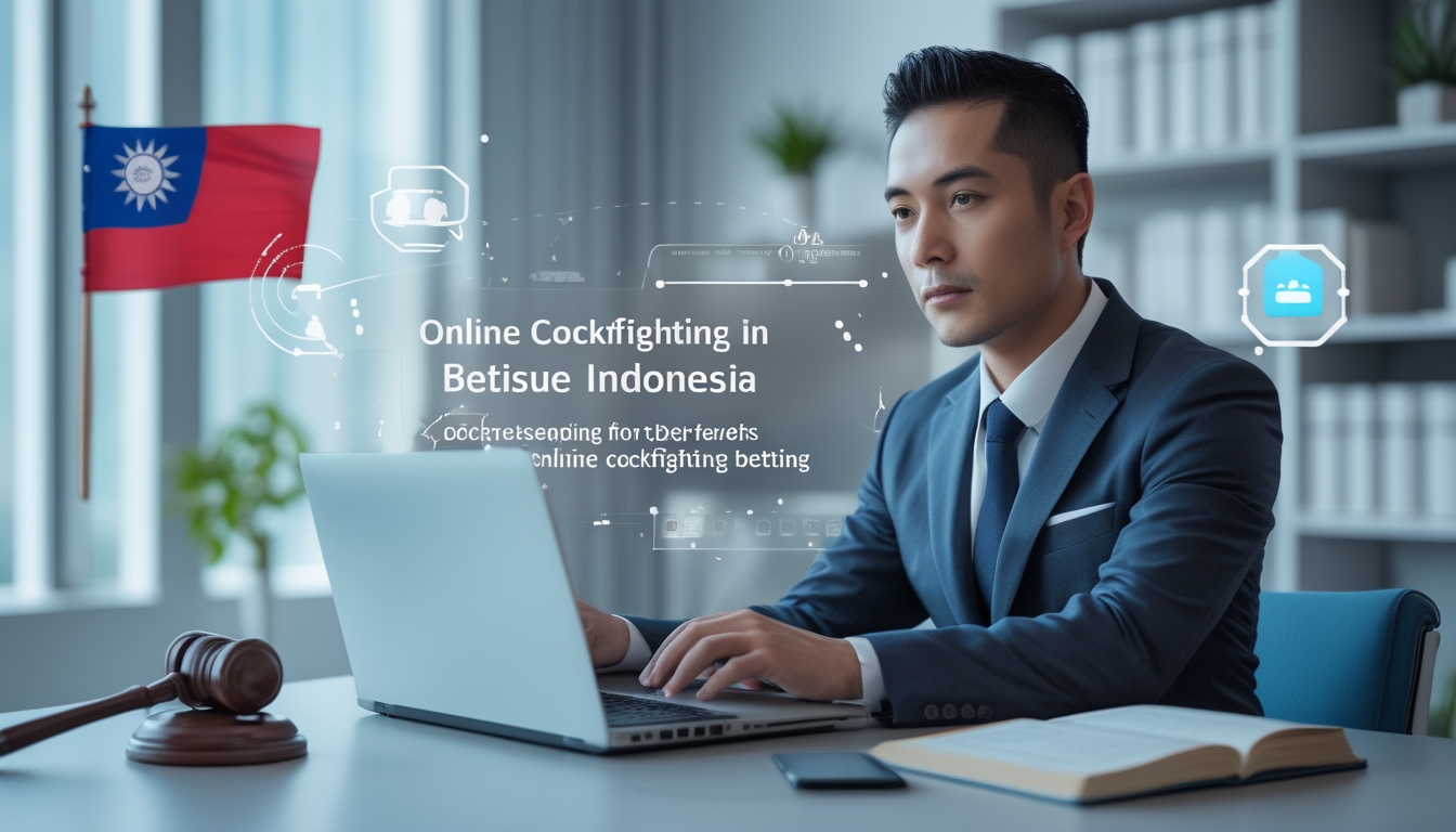 Seorang pria Indonesia duduk di meja kantor dengan laptop, dikelilingi simbol hukum dan teknologi, menggambarkan pemahaman peraturan sabung ayam online.