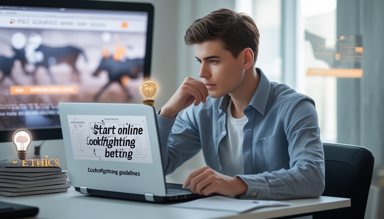 Seorang pria duduk di meja dengan laptop dan catatan, memikirkan aturan etika sebelum memulai taruhan sabung ayam online.