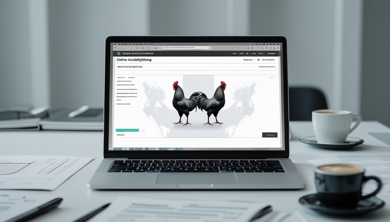 Meja kerja dengan laptop yang menampilkan situs aturan sabung ayam online, dikelilingi dokumen dan alat tulis, dengan latar belakang gambar samar dua ayam jantan.
