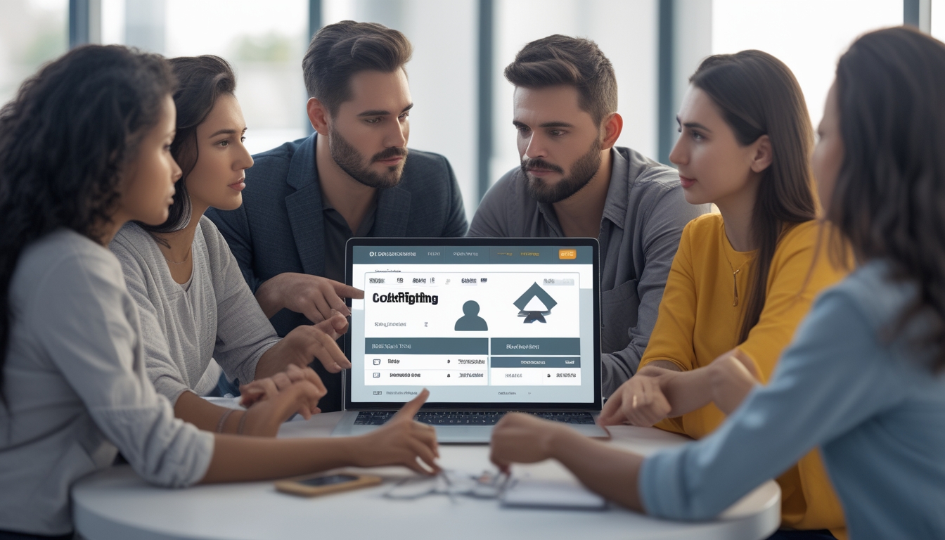Sekelompok orang berdiskusi serius di sekitar perangkat digital tentang taruhan sabung ayam online dengan suasana yang menunjukkan kejujuran dan rasa hormat.