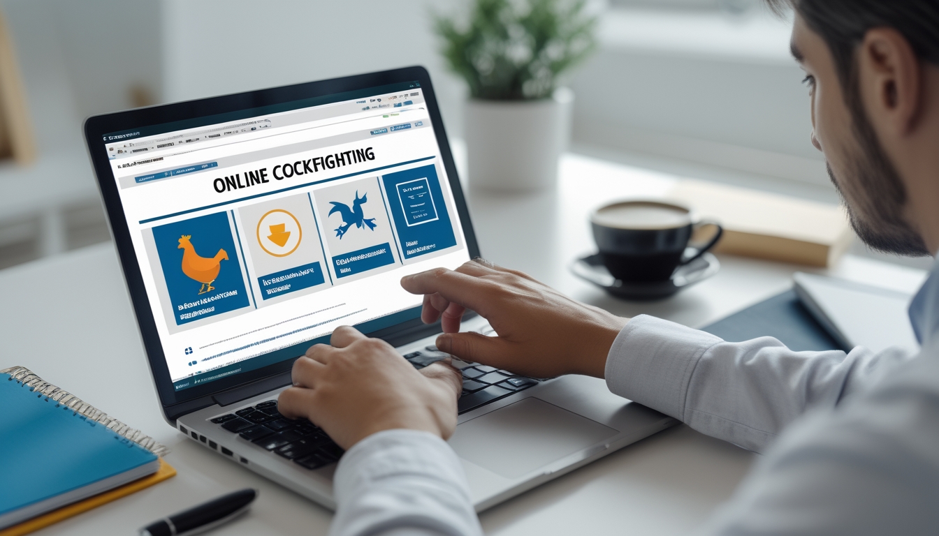 Orang menggunakan laptop di meja kerja dengan tampilan situs web tentang peraturan sabung ayam online, suasana fokus dan teratur.