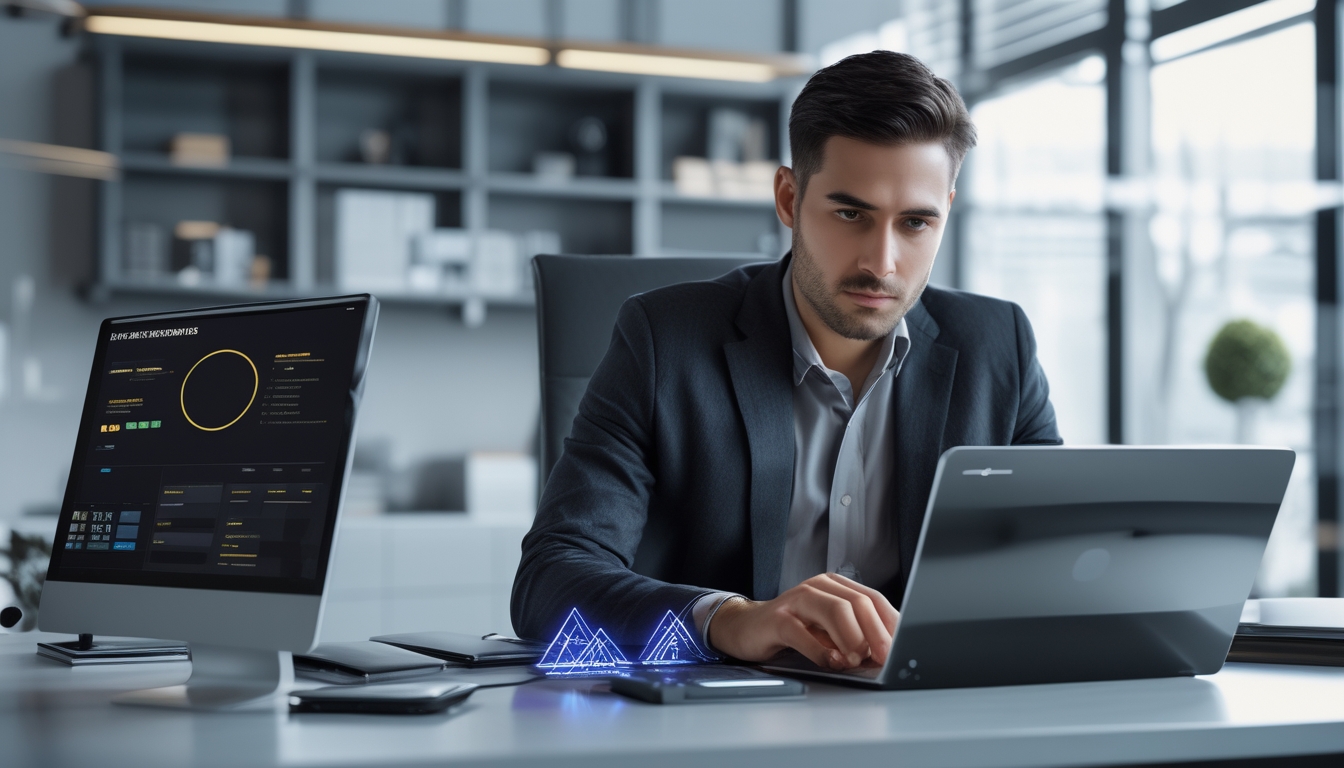 Seorang pria fokus duduk di meja dengan laptop dan tablet di ruang kantor modern, sedang mempelajari aturan dan etika permainan online.