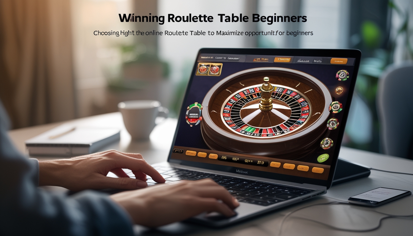 Seseorang bermain roulette online di laptop dengan latar belakang ruangan yang nyaman dan alat tulis di sekitar meja.