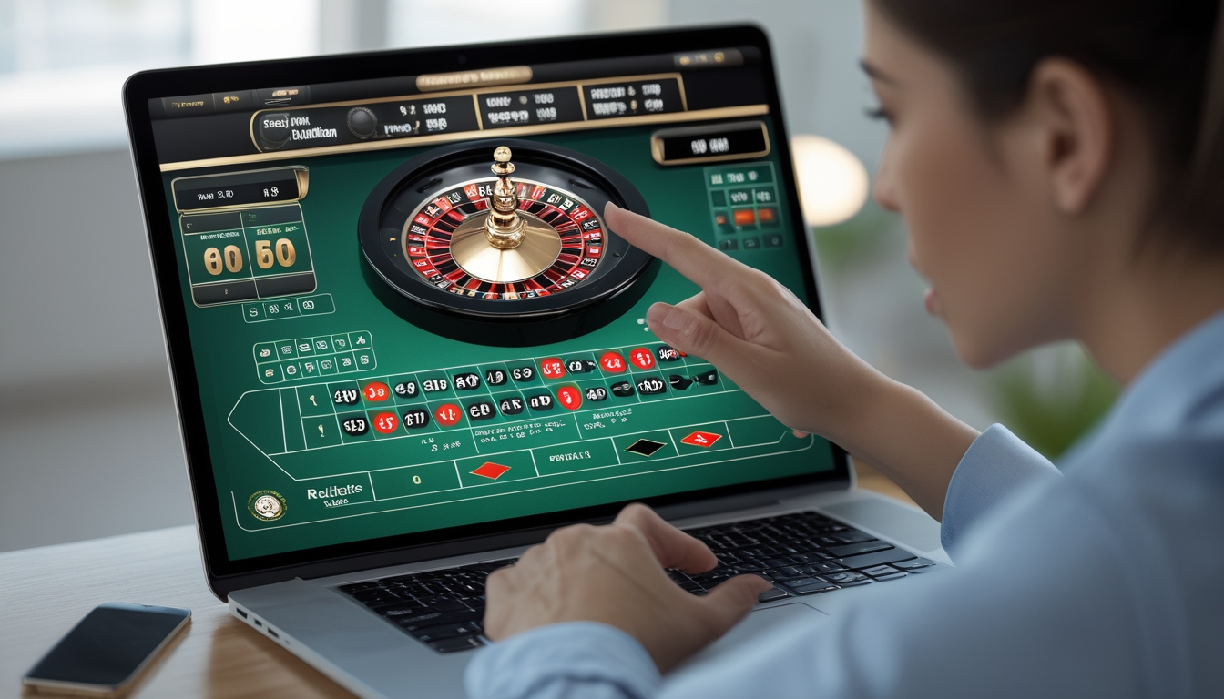 Seorang pengguna sedang bermain roulette online di layar komputer dengan tampilan meja roulette yang jelas dan menarik.