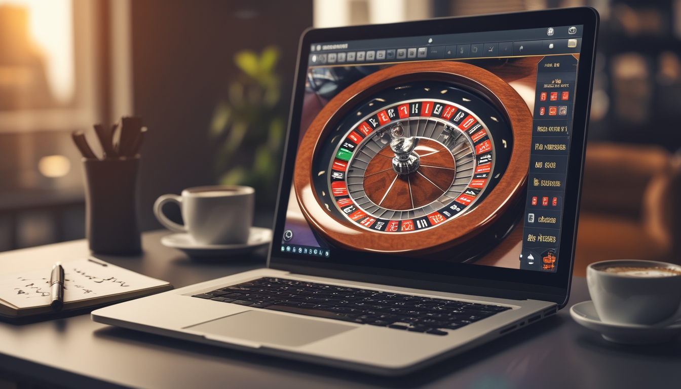 Seorang pemain online sedang melihat layar komputer dengan roda roulette yang berputar, di meja terdapat catatan dan cangkir kopi.