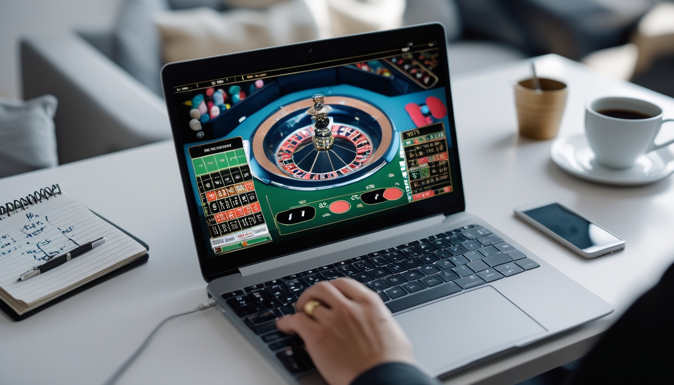 Seorang pengguna sedang bermain roulette online di laptop dengan meja roulette dan chip berwarna-warni di layar.