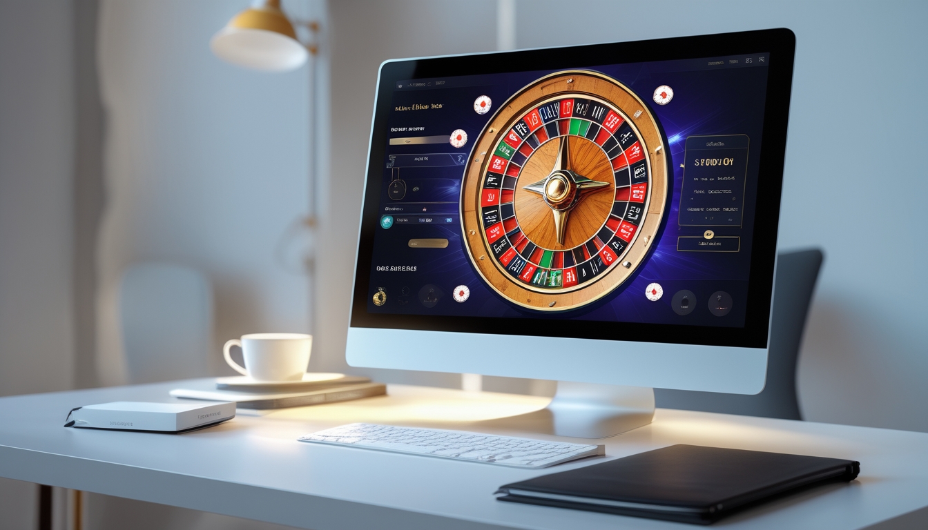 Sebuah meja kerja dengan laptop yang menampilkan roda roulette digital berwarna cerah di layar, dikelilingi oleh cangkir kopi dan buku catatan.