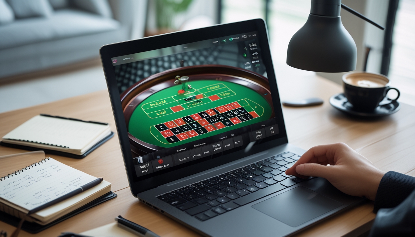 Sebuah meja roulette online yang ditampilkan di layar komputer dengan alat tulis di sekitarnya, menunjukkan suasana memilih meja roulette dengan peluang menang terbaik.