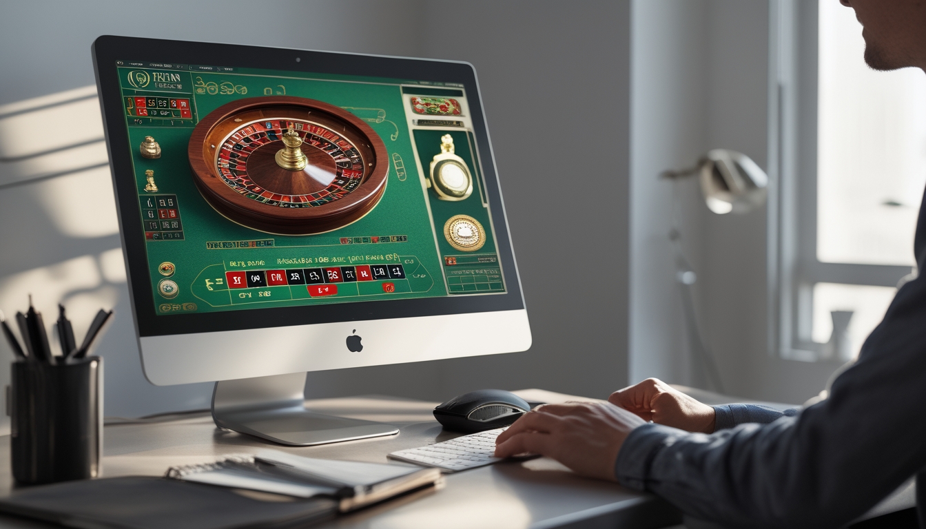 Seseorang duduk di depan komputer dengan tampilan meja roulette online di layar, siap memasang taruhan.