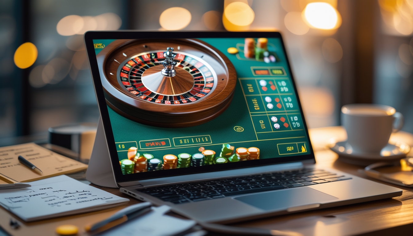 Seseorang sedang melihat meja roulette online di layar komputer dengan alat tulis di meja untuk membuat catatan strategi.