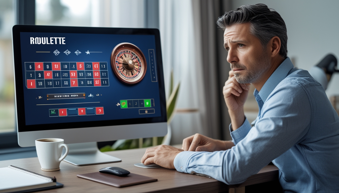 Seorang pria dewasa duduk di depan komputer yang menampilkan meja roulette online, terlihat fokus dan berpikir keras.