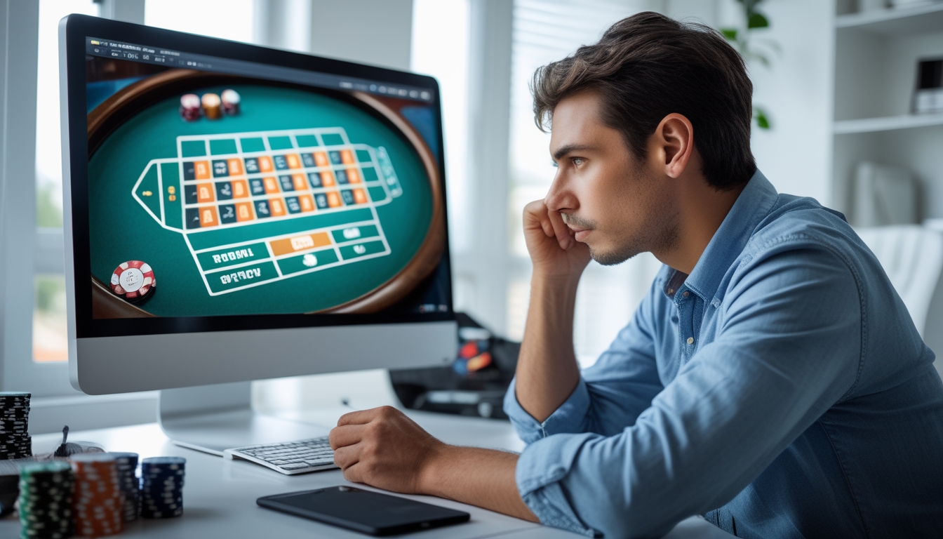 Seorang individu sedang duduk di depan komputer, fokus melihat permainan roulette online dengan meja roulette digital di layar, di ruangan kantor rumah yang rapi.