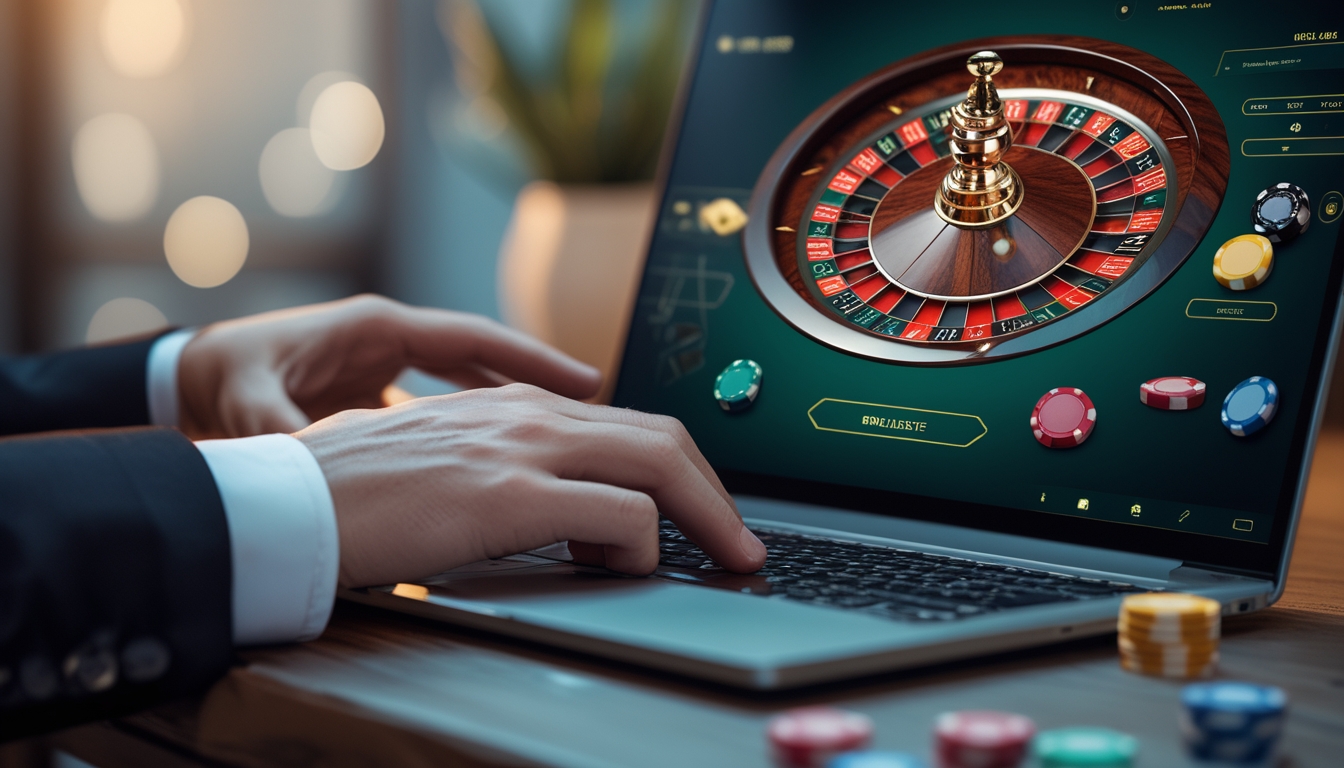 Tangan seseorang sedang menggunakan komputer dengan layar menampilkan permainan roulette online.