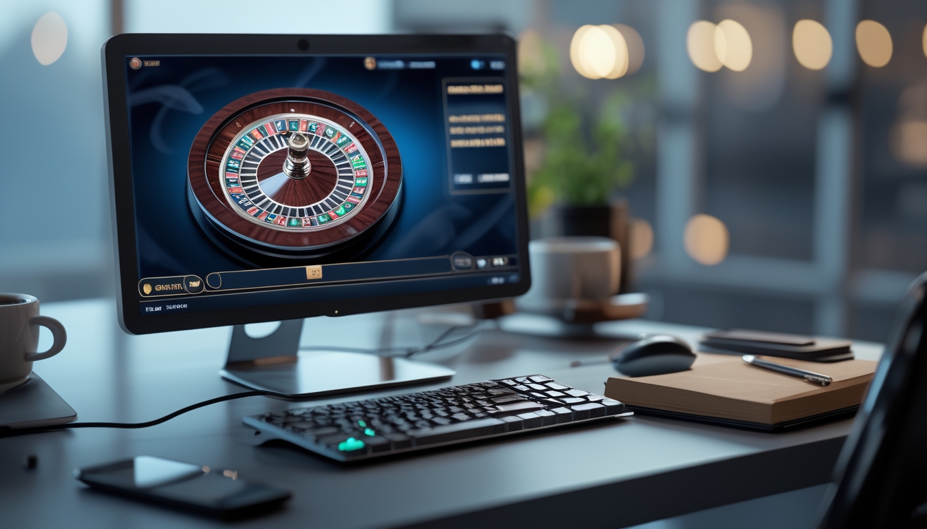 Seorang profesional sedang menggunakan komputer dengan tampilan roda roulette online yang berputar di layar, di meja kerja yang rapi dengan alat tulis dan perangkat pendukung lainnya.