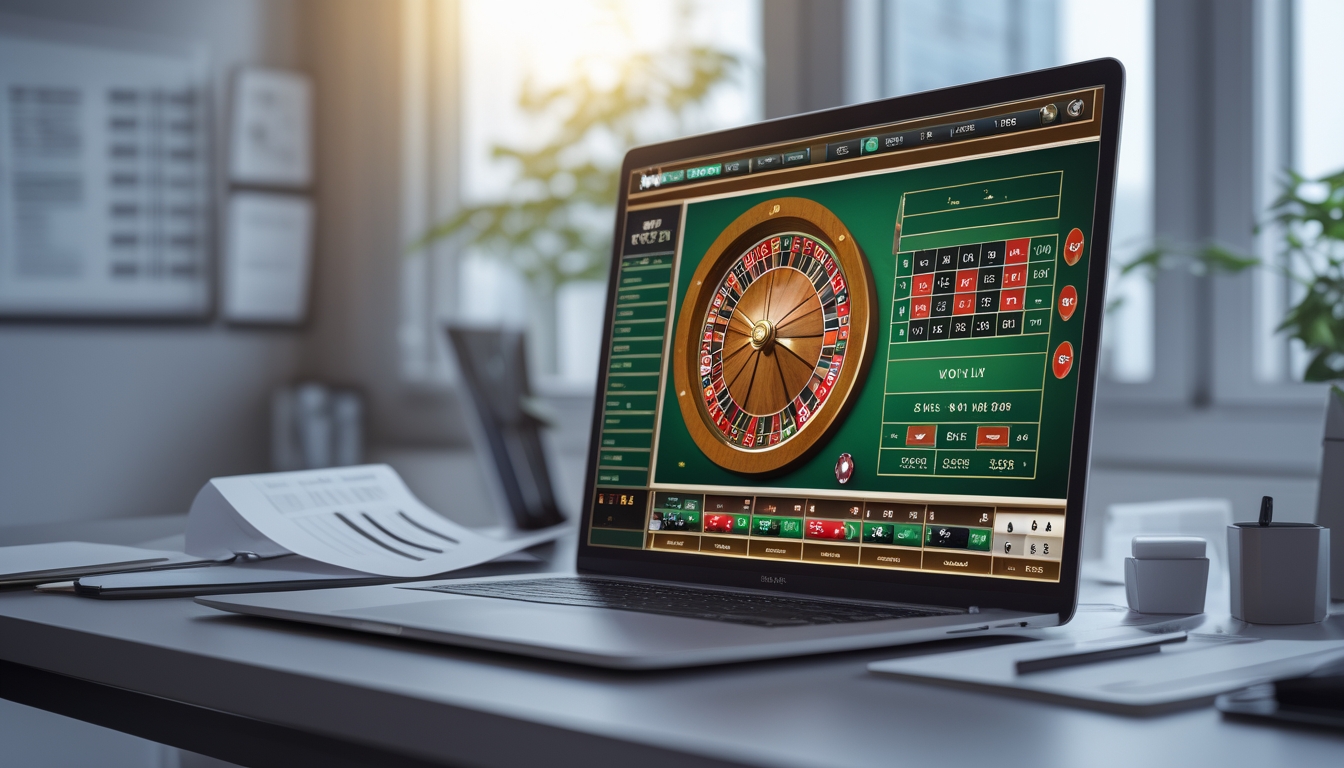 Seseorang sedang melihat layar komputer yang menampilkan roda roulette dan meja taruhan online dengan suasana kerja yang fokus.