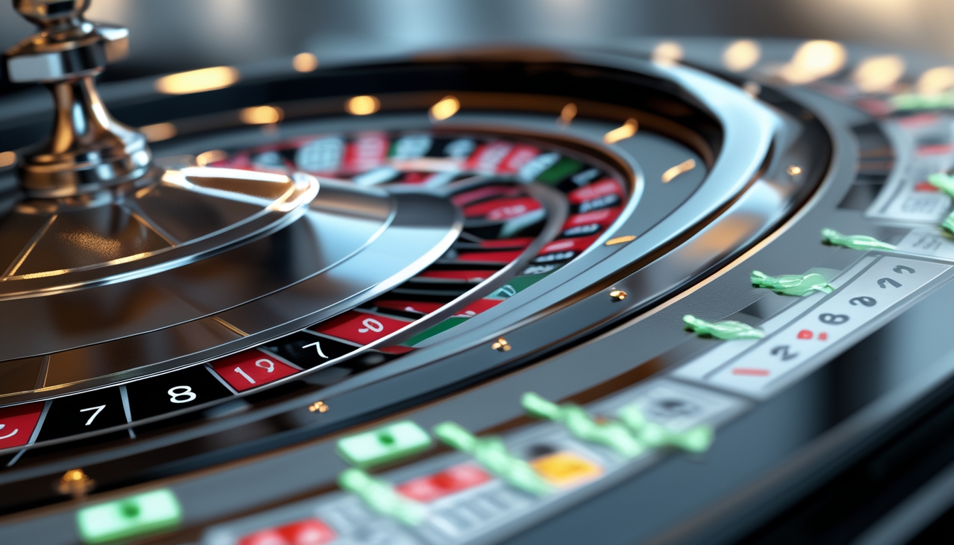 Tampilan dekat roda roulette virtual yang berputar di layar digital dengan pilihan taruhan yang jelas dan teratur.