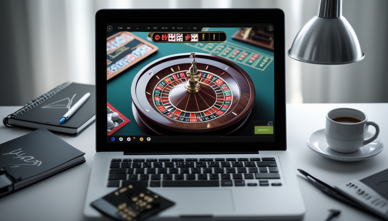 Seorang pengguna duduk di depan laptop yang menampilkan permainan roulette online dengan meja taruhan dan roda roulette yang jelas, di atas meja terdapat buku catatan dan pena.