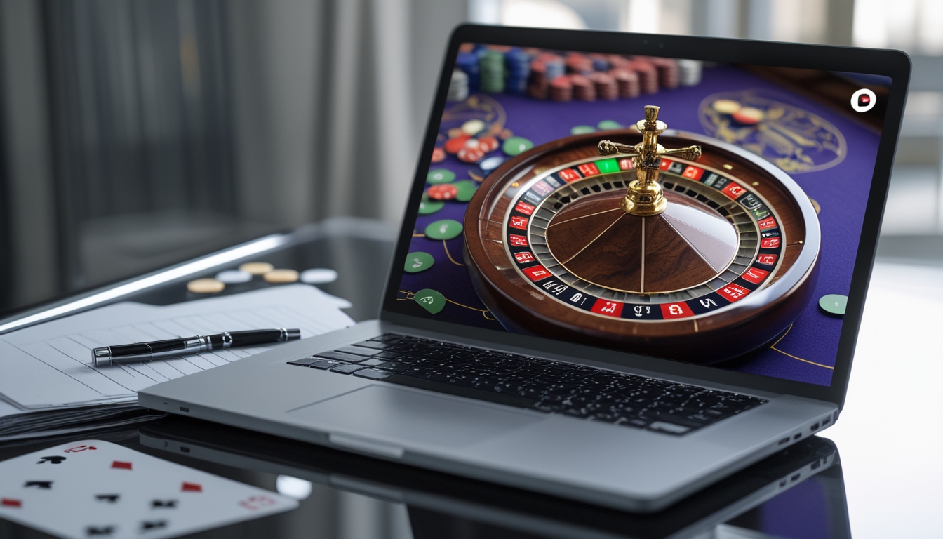 Seorang laptop dengan permainan roulette online terbuka di layar, dikelilingi oleh catatan dan alat tulis di atas meja.