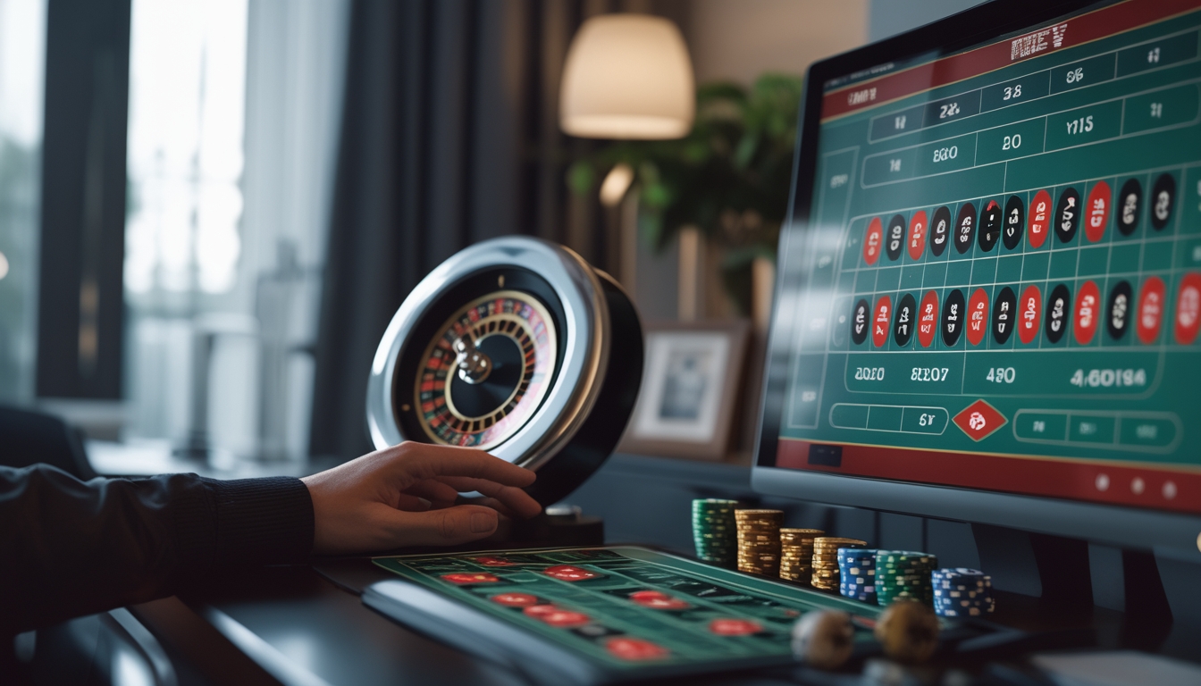 Meja roulette online dengan roda roulette dan layar komputer yang menampilkan pilihan taruhan, tangan seseorang siap memasang taruhan.