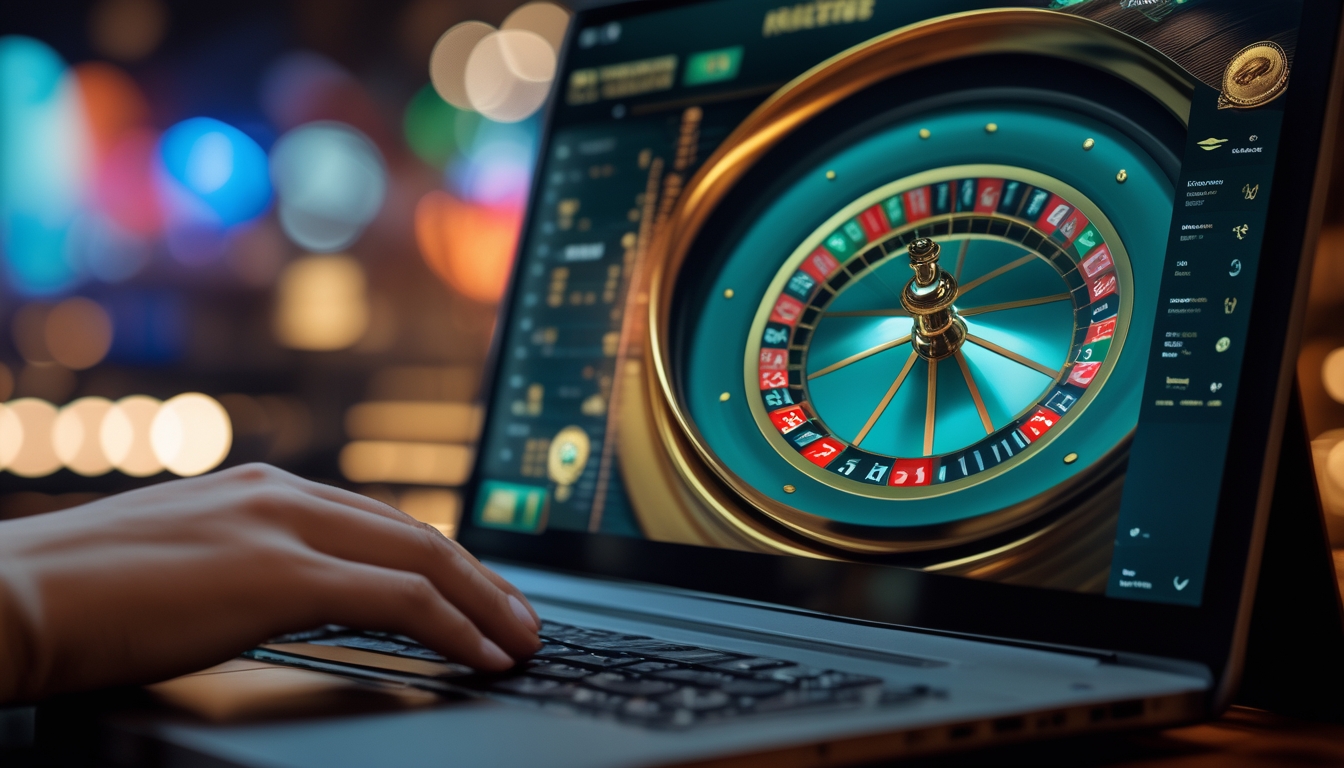 Sebuah meja roulette online yang ditampilkan di layar komputer dengan suasana kasino digital yang elegan dan pencahayaan hangat.