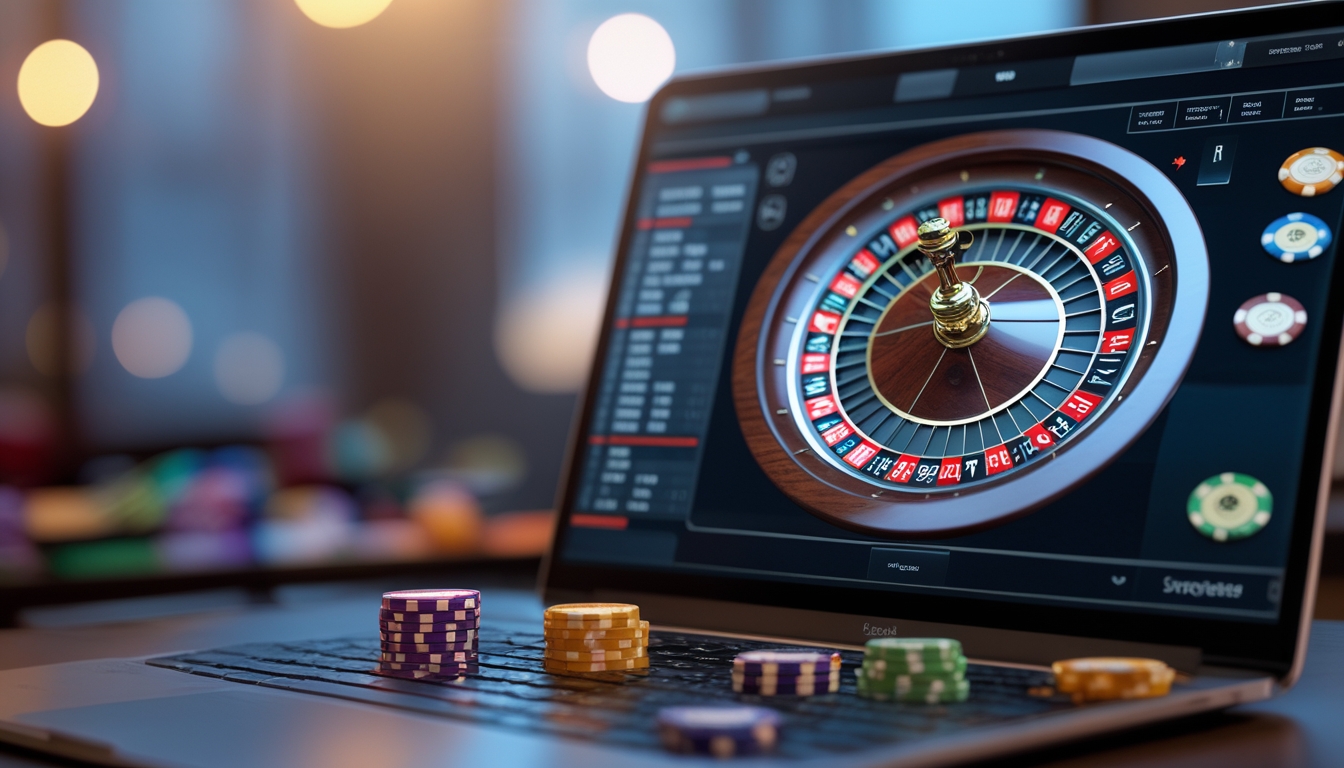 Sebuah komputer dengan layar menampilkan permainan roulette online dengan roda roulette yang berputar dan chip taruhan berwarna-warni.