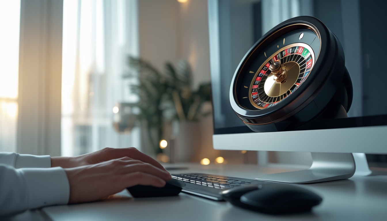 Seseorang sedang bermain roulette online di komputer dengan roda roulette digital yang berputar di layar.