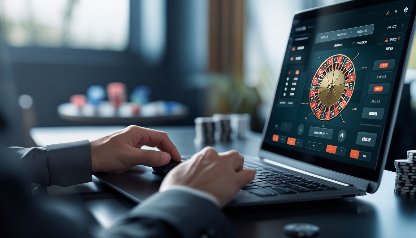 Seorang pemain serius memilih meja roulette online di laptop di dalam ruangan modern.