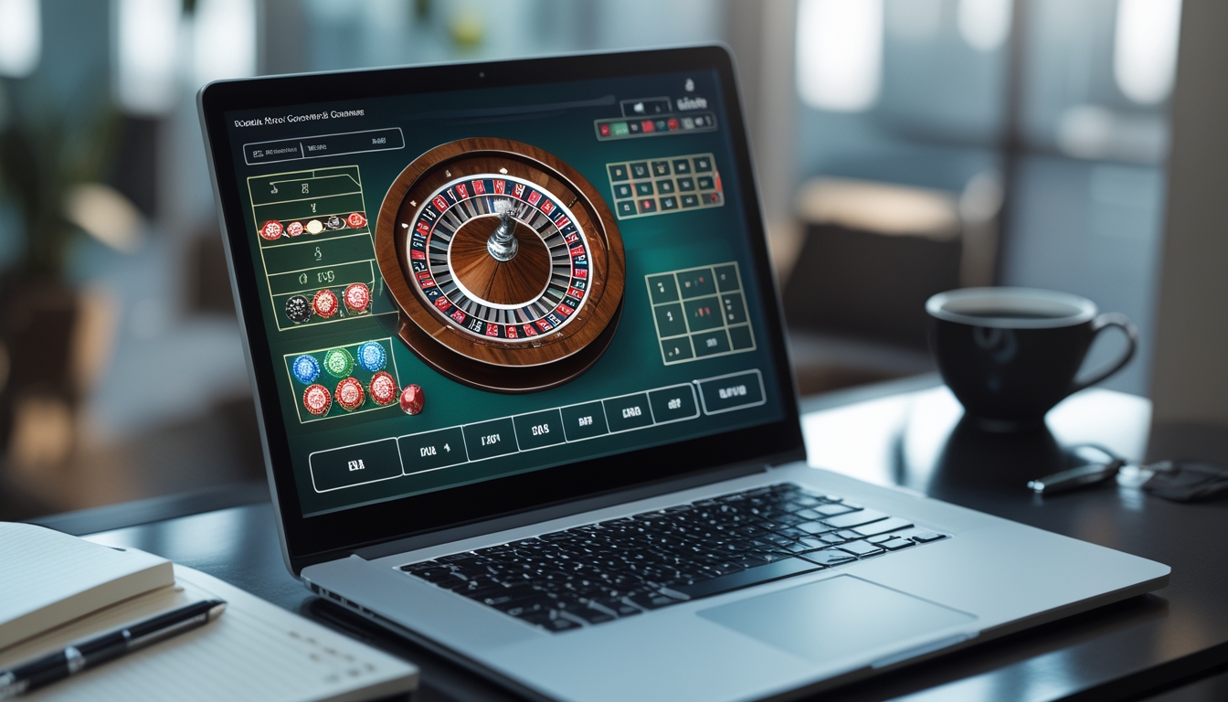 Seorang pemain serius sedang melihat layar komputer dengan meja roulette online yang jelas dan detail, di meja terdapat catatan dan kopi.