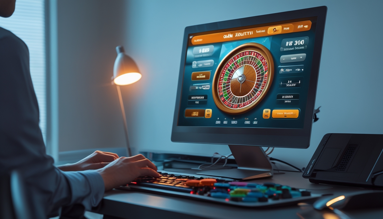Meja komputer dengan layar menampilkan roda roulette digital dan tumpukan chip, tangan seseorang sedang menggunakan mouse dan keyboard.