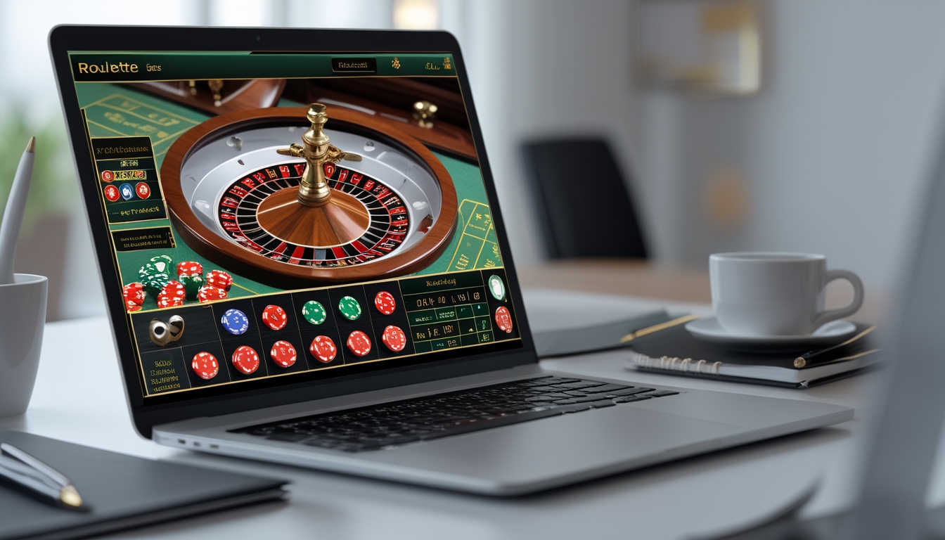 Sebuah meja kerja modern dengan komputer yang menampilkan permainan roulette online dengan roda roulette dan chip warna-warni, dikelilingi alat tulis dan cangkir kopi.