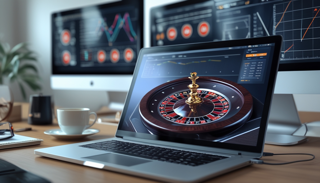 Sebuah ruang kerja modern dengan layar komputer menampilkan roda roulette digital dan grafik statistik, menunjukkan analisis peluang menang dalam permainan roulette online.