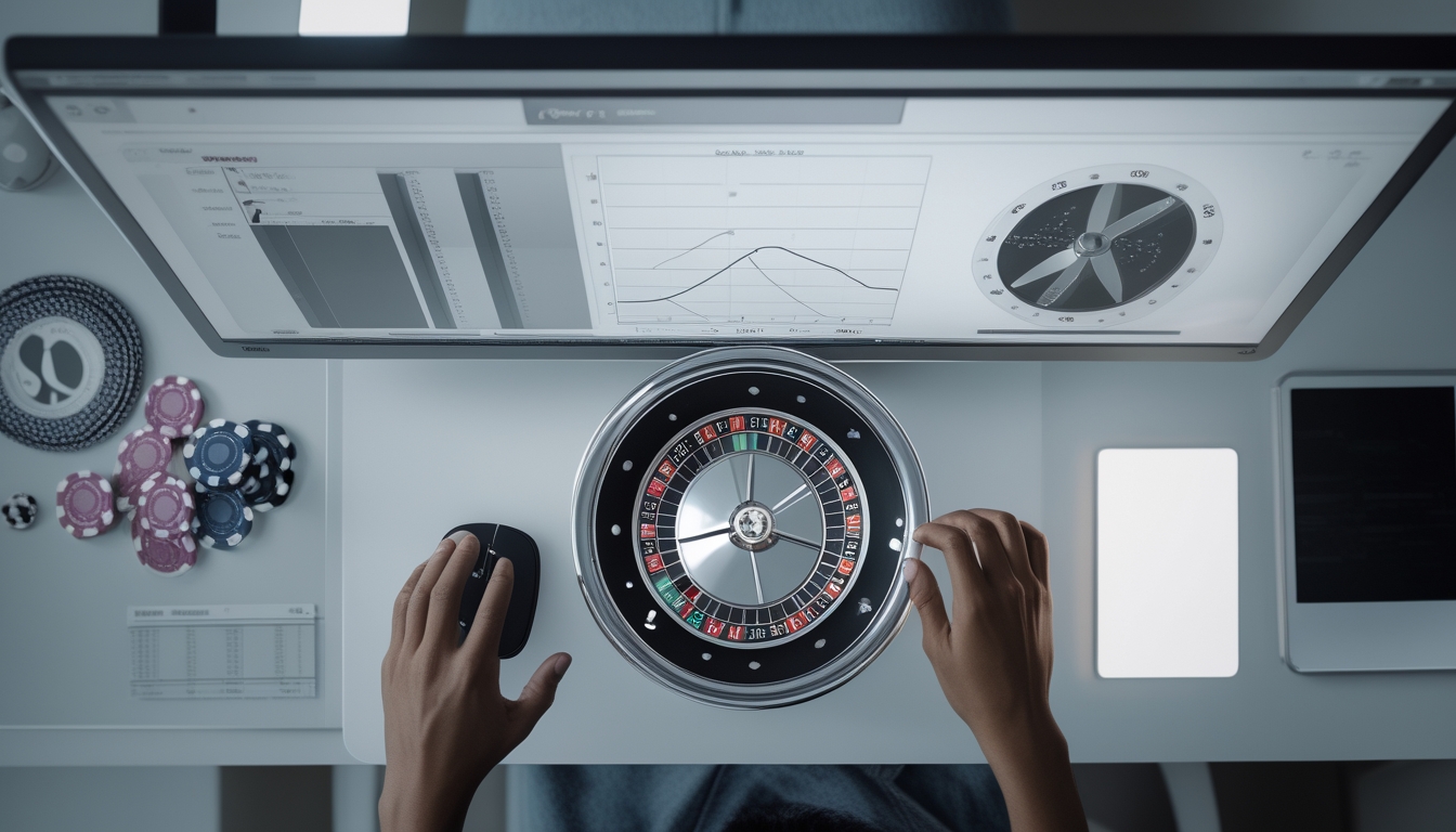 Sebuah meja roulette online dengan roda roulette digital di layar komputer dan grafik statistik di sampingnya, tangan seseorang sedang menggunakan mouse.